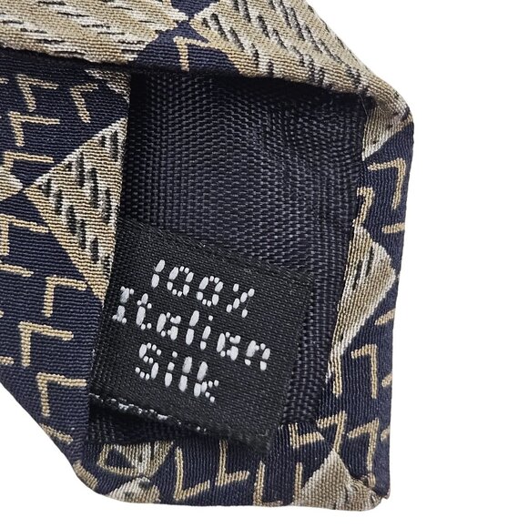Henry Grethel Mens Tie Italian Silk Tie Geometric Beige Navy Pattern Vintage - Picture 6 of 8